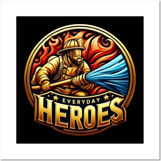 Heroic Firefighter Battling Blaze Posters and Art